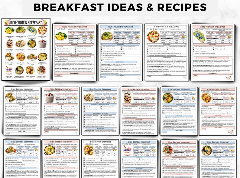 May include: A collection of high-protein breakfast recipe cards featuring a variety of meal options, nutrition facts, ingredient lists, and step-by-step instructions. Each card is titled High-Protein Breakfast and includes images of prepared dishes.