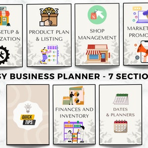 May include: A colourful infographic with the title "Etsy Business Planner - 7 Sections". The infographic is divided into seven sections, each with a different icon and title. The sections are: Shop Setup & Optimisation, Product Plan & Listing, Shop Management, Marketing & Promotion, Finances and Inventory, Dates & Planners, and Quick Tips.