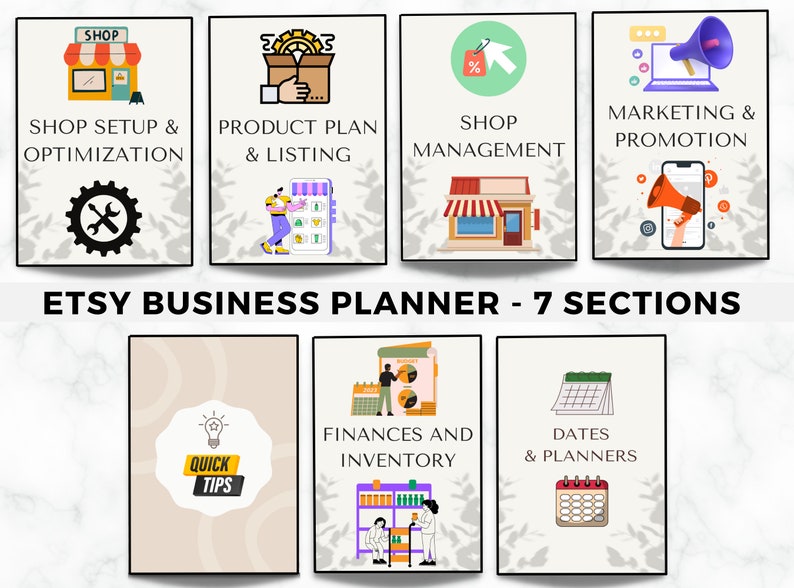 May include: A colourful infographic with the title "Etsy Business Planner - 7 Sections". The infographic is divided into seven sections, each with a different icon and title. The sections are: Shop Setup & Optimisation, Product Plan & Listing, Shop Management, Marketing & Promotion, Finances and Inventory, Dates & Planners, and Quick Tips.