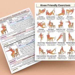 May include: Two exercise guides for knee-friendly exercises. One guide is titled "Knee Friendly Exercise Guide" and the other is titled "Knee Friendly Exercises". The guides show illustrations of exercises with instructions. The guides are on a light brown surface.