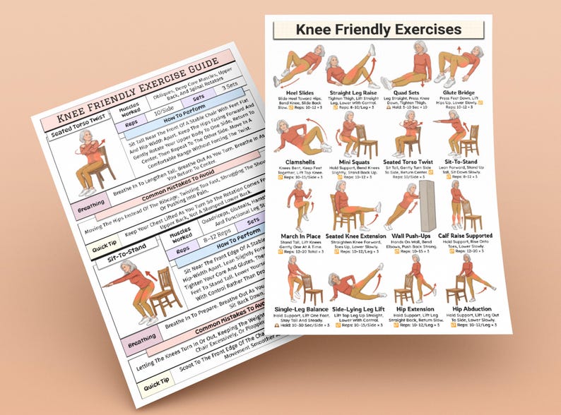 May include: Two exercise guides for knee-friendly exercises. One guide is titled "Knee Friendly Exercise Guide" and the other is titled "Knee Friendly Exercises". The guides show illustrations of exercises with instructions. The guides are on a light brown surface.