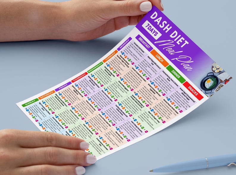 May include: A colorful 7-day DASH Diet meal plan, held by hands, with a purple header that reads "DASH DIET 7 DAYS Meal Plan". The plan is divided into breakfast, lunch, dinner, and snack sections, with a small image of a pan with eggs.