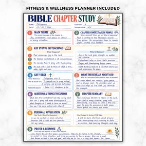 May include: A printed Bible Chapter Study worksheet featuring sections for main theme, key people, events, verses, and personal application. The document includes handwritten notes about Philippians 4, with numbered headers from one to nine.