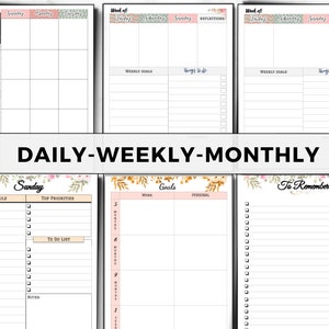 May include: A printable planner with floral designs. The planner includes daily, weekly, and monthly sections. The daily section has a schedule, top priorities, and a to-do list. The weekly section has weekly goals and things to do. The monthly section has goals for work and personal life. The planner also has a section for things to remember.