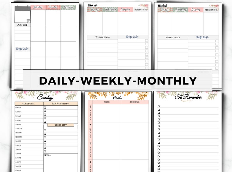 May include: A printable planner with floral designs. The planner includes daily, weekly, and monthly sections. The daily section has a schedule, top priorities, and a to-do list. The weekly section has weekly goals and things to do. The monthly section has goals for work and personal life. The planner also has a section for things to remember.