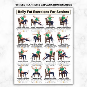 May include: A fitness chart titled Belly Fat Exercises For Seniors featuring sixteen illustrations of a person in a green shirt and blue trousers performing seated exercises on a wooden chair, with text instructions for each movement included.