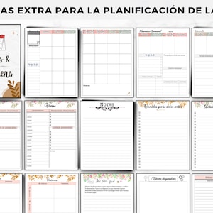 Puede incluir: Un conjunto de p&aacute;ginas de planificaci&oacute;n imprimibles con dise&ntilde;os florales y geom&eacute;tricos. Las p&aacute;ginas incluyen secciones para fechas, notas, planificaci&oacute;n de comidas y m&aacute;s. El texto en la portada dice "P&Aacute;GINAS EXTRA PARA LA PLANIFICACI&Oacute;N DE LA VIDA" y "Dates & Planners".