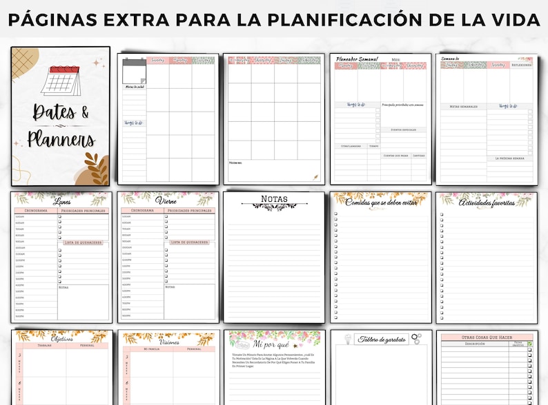 Puede incluir: Un conjunto de p&aacute;ginas de planificaci&oacute;n imprimibles con dise&ntilde;os florales y geom&eacute;tricos. Las p&aacute;ginas incluyen secciones para fechas, notas, planificaci&oacute;n de comidas y m&aacute;s. El texto en la portada dice "P&Aacute;GINAS EXTRA PARA LA PLANIFICACI&Oacute;N DE LA VIDA" y "Dates & Planners".