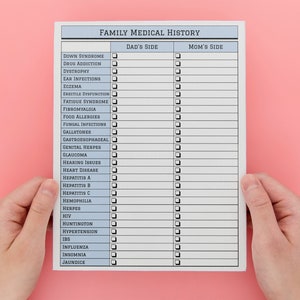 May include: A white sheet of paper with a blue header that reads "Family Medical History". The paper is divided into two columns, "Dad's Side" and "Mom's Side". Each column has a list of medical conditions with checkboxes next to each one.