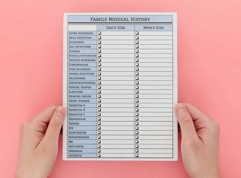 May include: A white sheet of paper with a blue header that reads "Family Medical History". The paper is divided into two columns, "Dad's Side" and "Mom's Side". Each column has a list of medical conditions with checkboxes next to each one.