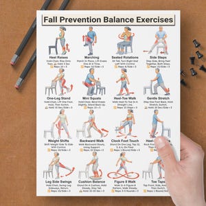 May include: A white poster titled "Fall Prevention Balance Exercises" with illustrated exercise instructions. The exercises include heel raises, marching, seated rotations, side steps, one-leg stand, mini squats, heel-toe walk, gentle stretch, weight shifts, backward walk, clock foot touch, heel-toe, leg side swings, cushion balance, figure 8 walk, and toe taps.