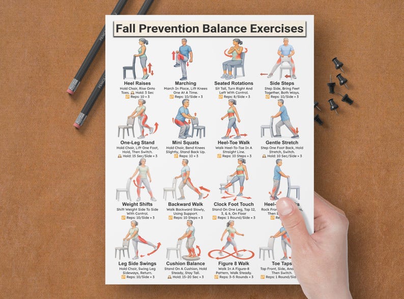 May include: A white poster titled "Fall Prevention Balance Exercises" with illustrated exercise instructions. The exercises include heel raises, marching, seated rotations, side steps, one-leg stand, mini squats, heel-toe walk, gentle stretch, weight shifts, backward walk, clock foot touch, heel-toe, leg side swings, cushion balance, figure 8 walk, and toe taps.