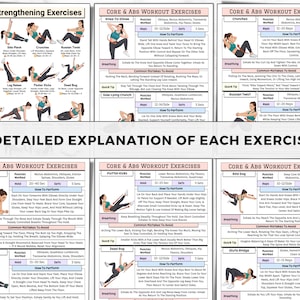 Puede incluir: Infograf&iacute;a detallada con instrucciones para ejercicios de fortalecimiento del core y abdominales. Los ejercicios incluyen plancha, plancha lateral, abdominales, giro ruso, abdominales inversos, elevaciones de piernas, patadas de aleteo y dead bug. El texto dice "EXPLICACI&Oacute;N DETALLADA DE CADA EJERCICIO."
