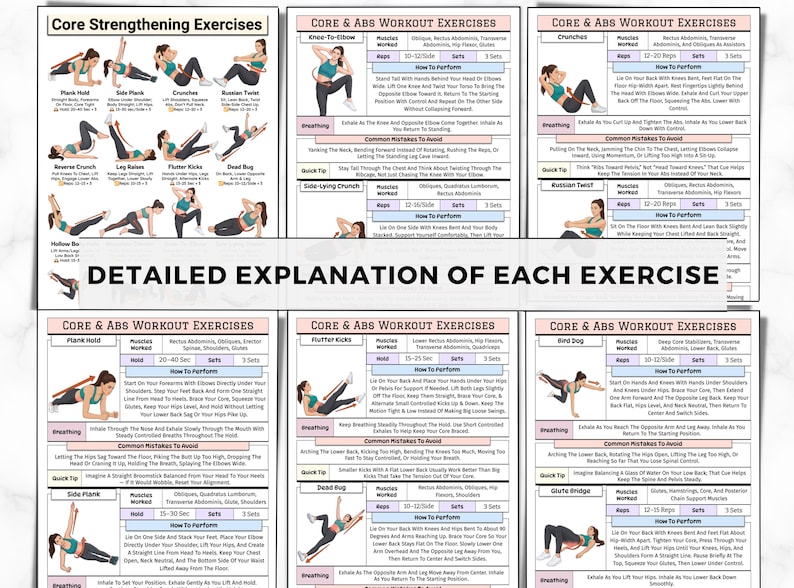 Puede incluir: Infograf&iacute;a detallada con instrucciones para ejercicios de fortalecimiento del core y abdominales. Los ejercicios incluyen plancha, plancha lateral, abdominales, giro ruso, abdominales inversos, elevaciones de piernas, patadas de aleteo y dead bug. El texto dice "EXPLICACI&Oacute;N DETALLADA DE CADA EJERCICIO."