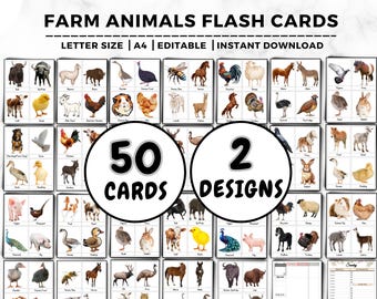 Animales de granja 50 tarjetas didácticas Montessori editables, tarjetas de aprendizaje de animales de granja, tarjetas de nomenclatura Tarjetas didácticas de animales de granja para niños en edad preescolar y niños pequeños