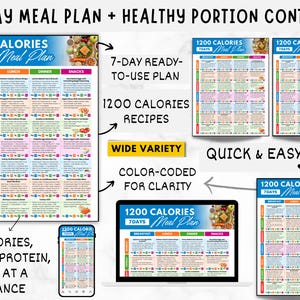 Puede incluir: Un plan de comidas de 7 d&iacute;as y 1200 calor&iacute;as, con secciones para desayuno, almuerzo, cena y snacks. El plan est&aacute; codificado por colores para mayor claridad e incluye una variedad de recetas.