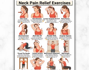 Neck Pain Relief Exercises, Neck Tension Stretches, Tech Neck Posture Correction Chart Rounded Shoulder & Upper Back Desk Stretch Poster PDF