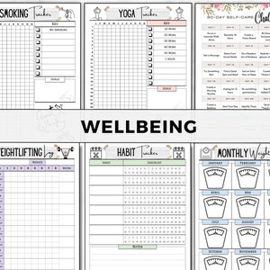 May include: A set of printable wellness trackers with a light gray background and black text. The trackers include a smoking tracker, yoga tracker, 30-day self-care challenge, weightlifting log, habit tracker, and monthly weight-in tracker.
