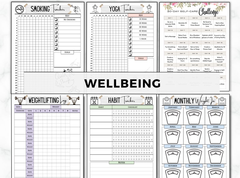 May include: A set of printable wellness trackers with a light gray background and black text. The trackers include a smoking tracker, yoga tracker, 30-day self-care challenge, weightlifting log, habit tracker, and monthly weight-in tracker.