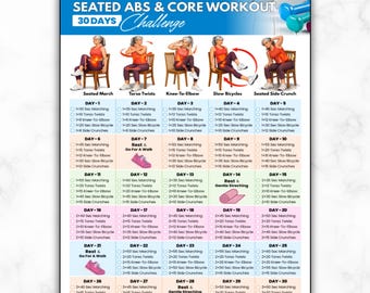 30 Day Seated Ab & Core Workout Challenge For Seniors, Gentle Chair Home Exercises Chart, Low Impact No Equipment Abdominal Fitness Plan PDF