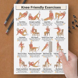 May include: A white poster titled "Knee Friendly Exercises" with illustrations of various exercises. The exercises include heel slides, straight leg raises, quad sets, and glute bridges. The poster is held by a hand.