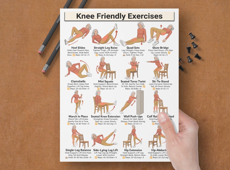 May include: A white poster titled "Knee Friendly Exercises" with illustrations of various exercises. The exercises include heel slides, straight leg raises, quad sets, and glute bridges. The poster is held by a hand.