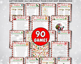 Pode incluir: Um pacote de jogos de Natal, incluindo trivia, caças ao tesouro e jogos de palavras. Os jogos são projetados com bordas vermelhas e verdes e ilustrações festivas. O pacote inclui 90 jogos e está disponível em vários tamanhos.