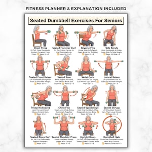 Könnte beinhalten: Ein Fitnessplaner mit Illustrationen von sitzenden Kurzhantelübungen für Senioren. Die Übungen umfassen Brustdrücken, Hammercurls, Reverse Flys, Seitbeugen, Frontheben, Rudern im Sitzen, Handgelenkcurls, seitliches Heben, Trizeps-Kickbacks, Brustfliegen, sitzende Holzfäller, Schulterzucken, Bizepscurls, Schulterdrücken, aufrechte Ruderzüge und Kurzhantel-Halo.