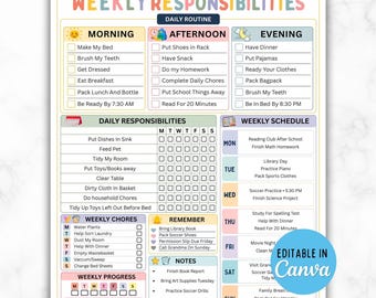 Editable Responsibility Chore Chart For Kids, Teens Tweens, Daily & Weekly Household Chores List, Schedule, Daily School Routine Checklist