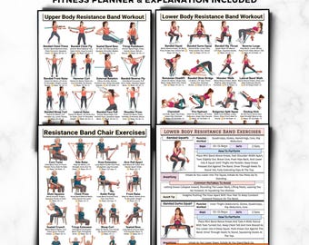 Resistance Band Workout Bundle, Full Body Upper Lower & Chair Exercises Chart, Home Gym Printable Poster, PT Rehab Senior Fitness Guide PDF