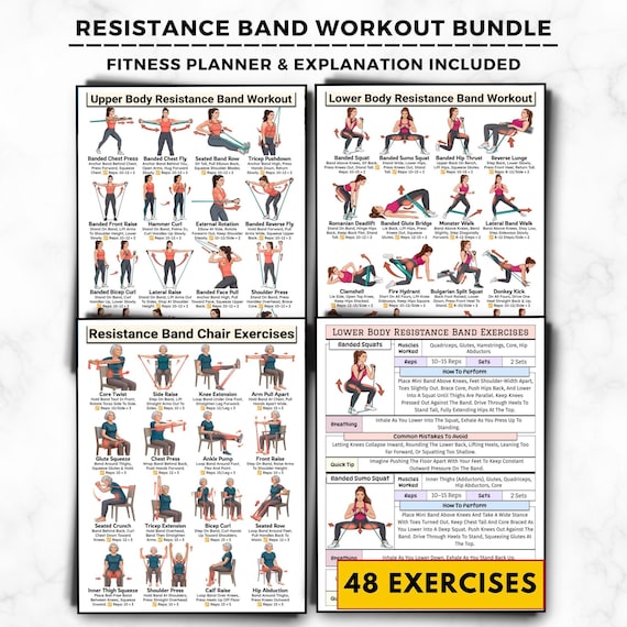 Resistance Band Workout Bundle, Full Body Upper Lower & Chair Exercises Chart, Home Gym Printable Poster, PT Rehab Senior Fitness Guide PDF