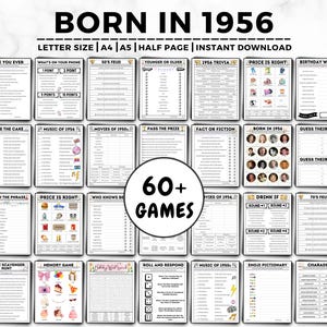 May include: A collection of printable game sheets with the text "BORN IN 1956" at the top. The sheets include various games like trivia, fill-in-the-blank, and guessing games. The image also includes the text "60+ GAMES".