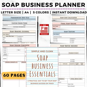 Planner per attività di produzione di sapone, attività di produzione di sapone, foglio di ricette per il sapone, modello per test del sapone, calcolo dei costi del sapone, modulo d'ordine per il sapone, planner per piccole imprese