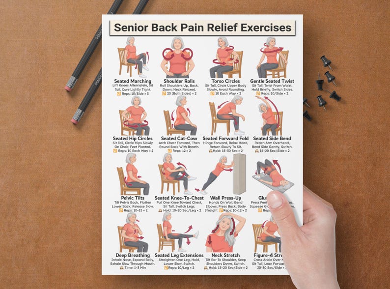 Back Pain Relief Exercises For Seniors, Lower Back Workout For Seniors, Chair Yoga Poster for Older Men, No Equipment Seated Exercise Chart image 4