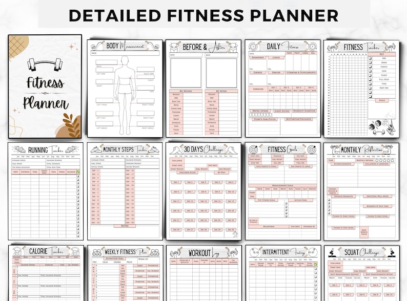 Puede incluir: Un planificador de fitness detallado con p&aacute;ginas para el seguimiento del progreso. La portada presenta el texto "Fitness Planner" con un gr&aacute;fico de pesas. Incluye secciones para medidas corporales, registros diarios y objetivos.