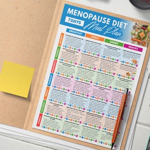 May include: A colorful 7-day menopause diet meal plan displayed on a clipboard. The plan includes breakfast, lunch, dinner, and snack options. A yellow sticky note is attached to the clipboard. A pen and a maroon notebook are also visible.