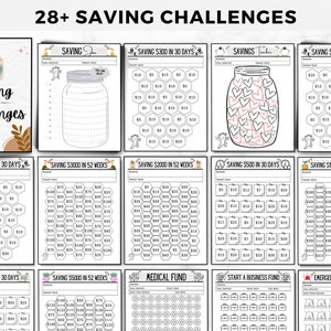 May include: A printable set of 10 black and white saving challenge trackers. Each tracker features a jar with a honeycomb pattern and a goal amount. The goals include saving $300 in 30 days, $3000 in 52 weeks, $2000 in 52 weeks, $500 in 30 days, $15000 in 52 weeks, $1000 in 30 days, $5000 in 52 weeks, a medical fund, a start a business fund, and an emergency fund.