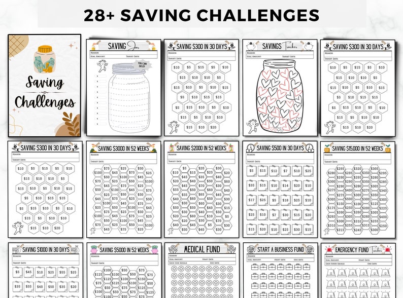 May include: A printable set of 10 black and white saving challenge trackers. Each tracker features a jar with a honeycomb pattern and a goal amount. The goals include saving $300 in 30 days, $3000 in 52 weeks, $2000 in 52 weeks, $500 in 30 days, $15000 in 52 weeks, $1000 in 30 days, $5000 in 52 weeks, a medical fund, a start a business fund, and an emergency fund.