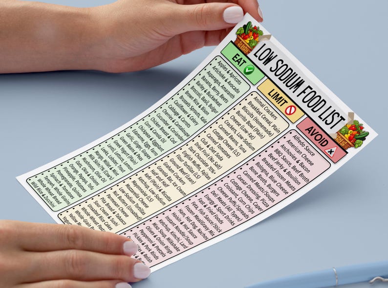 May include: A low sodium food list with three columns: "Eat", "Limit", and "Avoid". The "Eat" column lists fruits, vegetables, and grains. The "Limit" column lists processed foods. The "Avoid" column lists high-sodium foods.