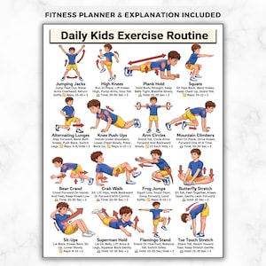 Könnte beinhalten: Ein weißes Poster mit dem Titel "Daily Kids Exercise Routine" mit Illustrationen verschiedener Übungen, darunter Hampelmänner, Kniehebeläufe und Kniebeugen. Das Poster enthält Anweisungen und Zeit-/Wiederholungszählungen für jede Übung.