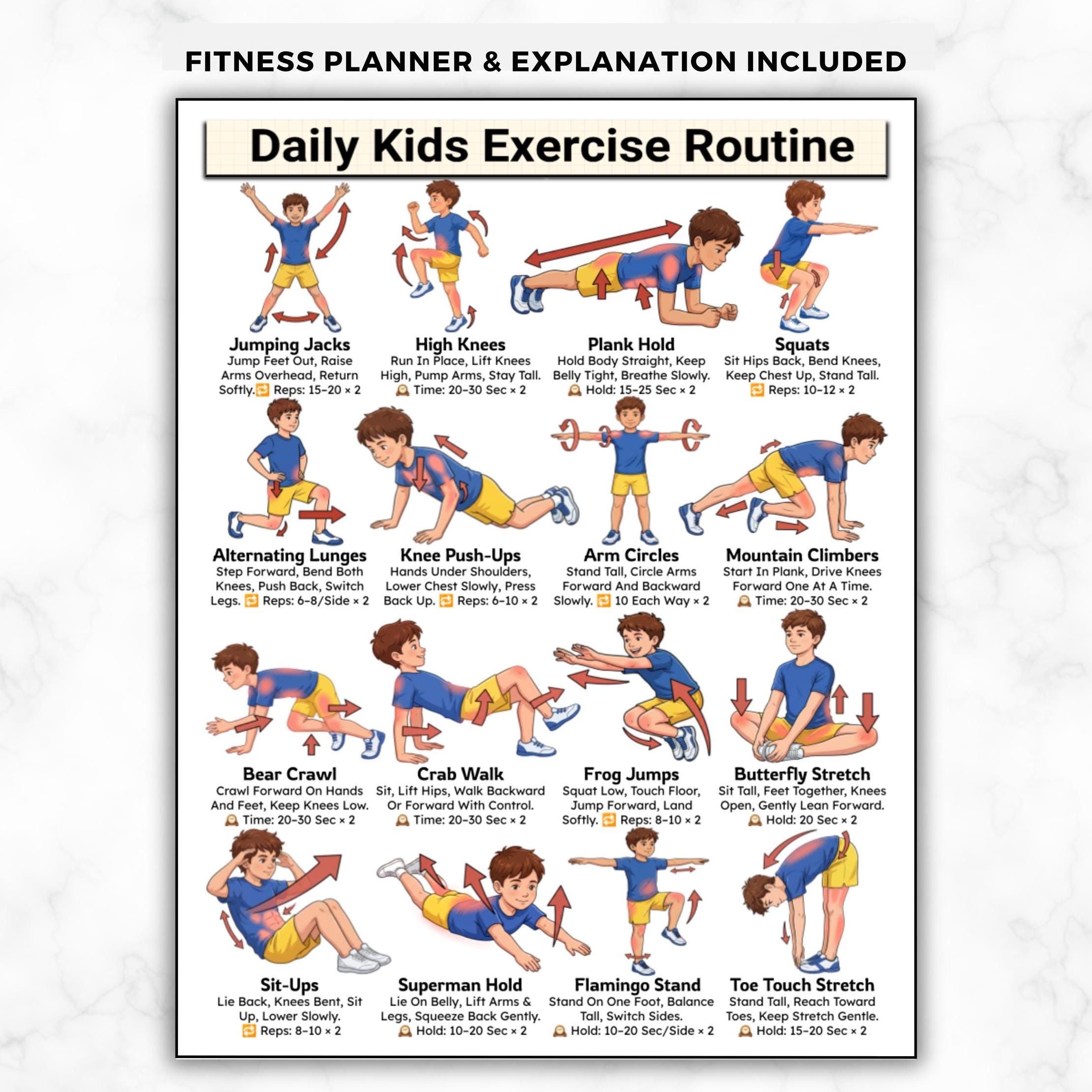 Exercise For Daily Routine Kids Exercise Chart, Daily Workout Moves at Home, Classroom Physical ...