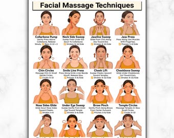 Tabla de masaje facial, técnicas de masaje facial, rutina de ejercicios de drenaje linfático facial, automasaje para el cuidado de la piel, lifting facial natural, yoga facial