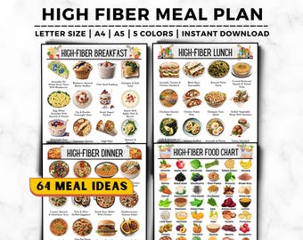 May include: A printable meal plan with 64 high-fiber meal ideas for breakfast, lunch, and dinner. The chart includes a list of high-fiber foods.