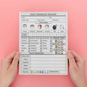 May include: A white daily headache tracker with sections for recording date, start time, time ended, day, duration, pain area, severity of pain, caffeine, alcohol, insomnia, food, hunger, PMS, relief measures, medication, sleep, exercise, water, others, weather, and temperature. The tracker includes checkboxes, a pain area chart, and a scale for energy, activity, and sleep levels.