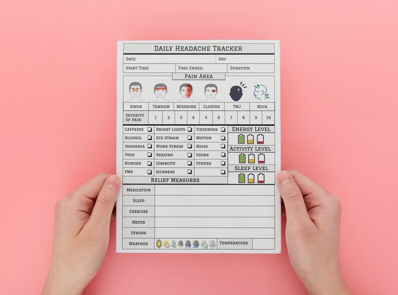 May include: A white daily headache tracker with sections for recording date, start time, time ended, day, duration, pain area, severity of pain, caffeine, alcohol, insomnia, food, hunger, PMS, relief measures, medication, sleep, exercise, water, others, weather, and temperature. The tracker includes checkboxes, a pain area chart, and a scale for energy, activity, and sleep levels.
