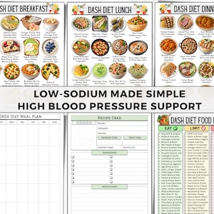 Puede incluir: Una infograf&iacute;a colorida con planes de comidas de la dieta DASH para el desayuno, el almuerzo y la cena, adem&aacute;s de una lista de alimentos y una tarjeta de recetas. El texto dice: "Bajo en sodio, simple, apoyo para la presi&oacute;n arterial alta."