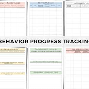 May include: A printable set of behavior tracking charts for individuals with autism. The charts are designed to help track triggers, changes in behavior, communication, and progress in understanding autism.