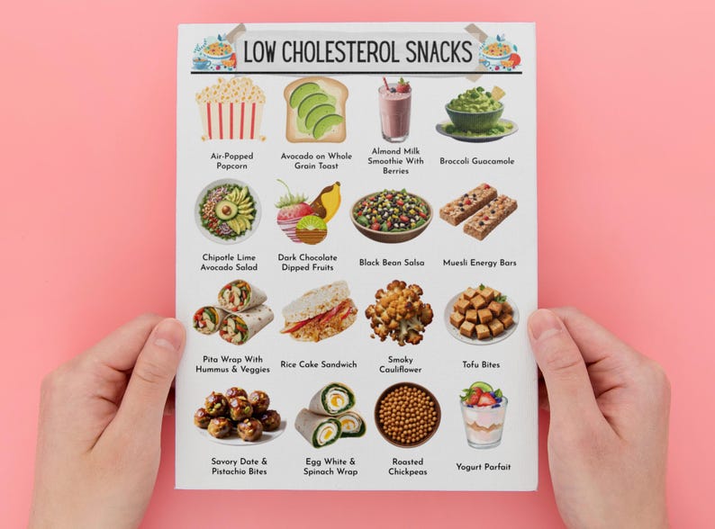 K&ouml;nnte beinhalten: Eine druckbare Tabelle mit Bildern und Text, die Ideen f&uuml;r Snacks mit niedrigem Cholesterinspiegel auflistet. Die Tabelle enth&auml;lt Snacks wie Popcorn, das an der Luft gepoppt wird, Avocado auf Vollkornbrot, Mandelmilch-Smoothie mit Beeren, Brokkoli-Guacamole, Avocado-Salat mit Chipotle-Limette, dunkle Schokolade mit Fr&uuml;chten, schwarze Bohnensalsa, M&uuml;sli-Energie-Riegel, Pita-Wrap mit Hummus und Gem&uuml;se, Reiskuchen-Sandwich, ger&auml;ucherter Blumenkohl, Tofu-Bissen, herzhafte Dattel- und Pistazienbissen, Eiwei&szlig;- und Spinat-Wrap, ger&ouml;stete Kichererbsen und Joghurt-Parfait.