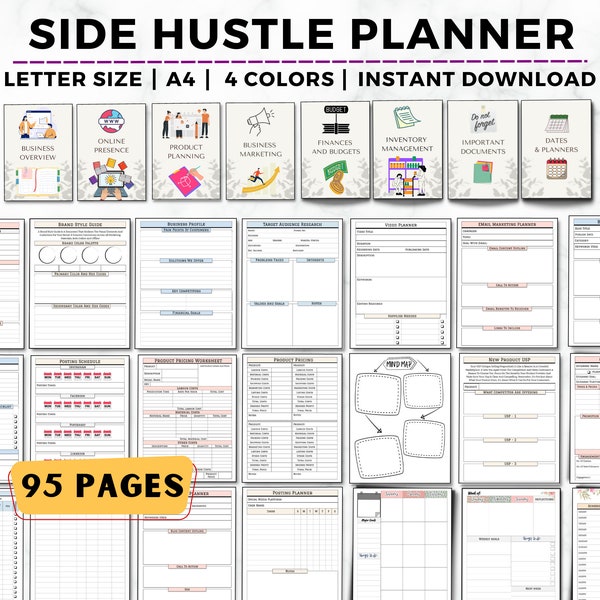 Side Hustle Planner, Printable Business Planner Bundle, Work from Home, Freelance Planner, Finance, Client, Project, Branding, Social Media