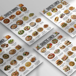 May include: Four white sheets of paper with the title "Diabetic Dinner" and "Diabetic Lunch" printed on them. Each sheet has a grid of images of different food dishes, such as chicken, fish, and vegetables.